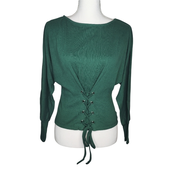 ✨SOLD✨Chocolate USA Women's Green Waist Lace Knit Long Sleeve Top Size Small - Picture 2 of 15
